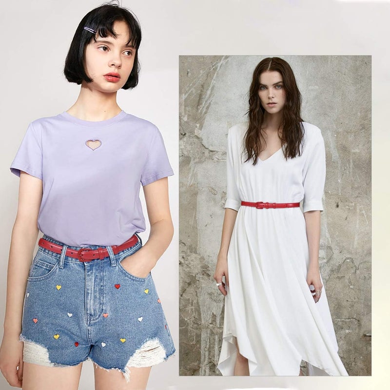WHIPPY Women Skinny Leather Belt Thin Waist Jeans Belt for Pants in Pin Buckle Belt, Red, Pants Size 24-29 inches - Image 2